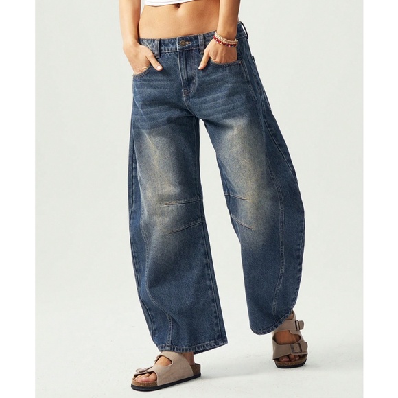 Medium Wash Wide leg Pockets Denim Jeans Pants - Picture 3 of 7